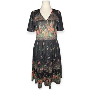 Vintage In Roads Sheer Floral Midi Dress Black Boho Fit Flare 11/12